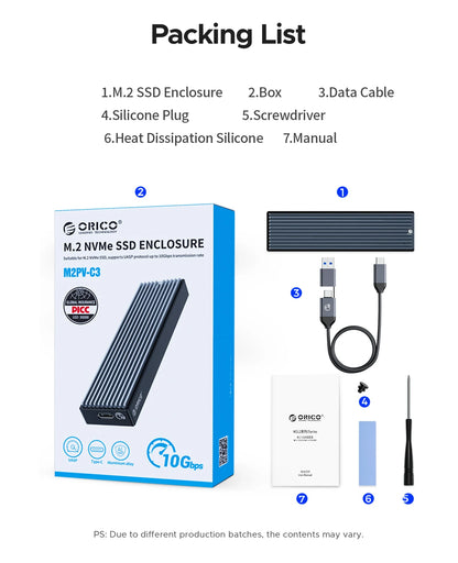 ORICO M.2 NVMe SATA SSD Enclosure - 10Gbps Portable External Drive Case