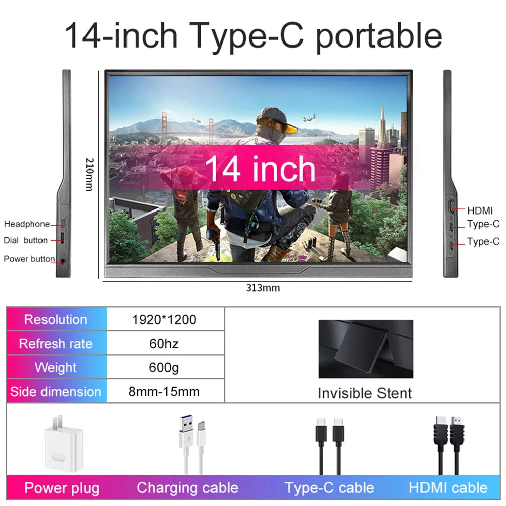 14" Portable Touchscreen Monitor 1200P IPS USB-C External Display - 18