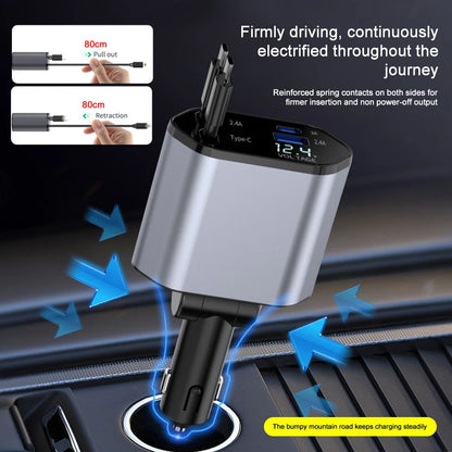4-in-1 Retractable Car Charger - 120W Fast Charging with Voltage Display for iPhone & Samsung