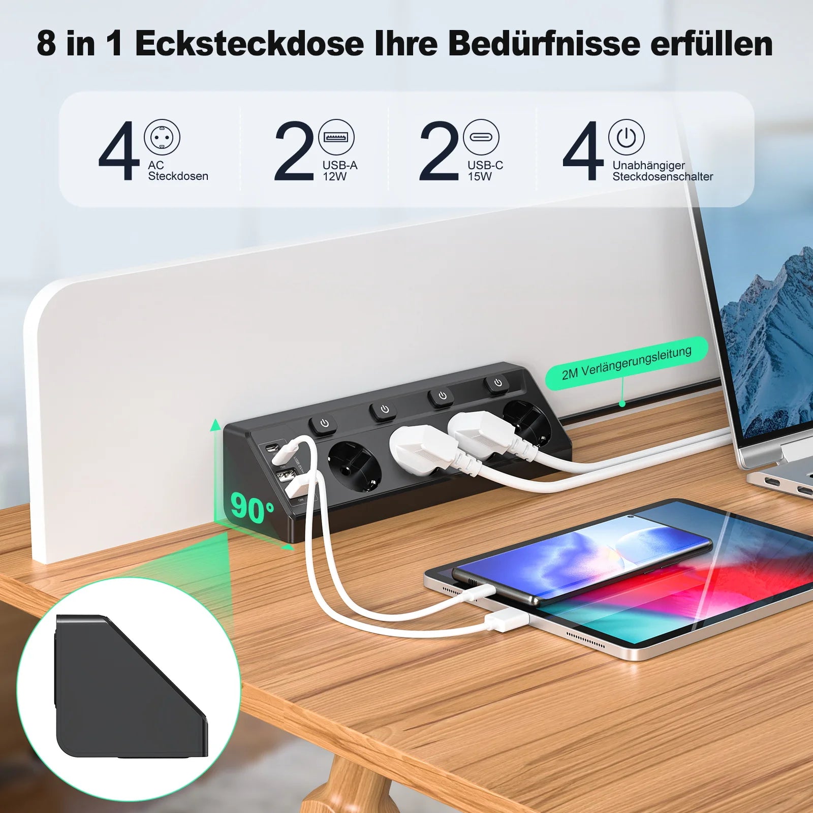 8-in-1 Corner Power Strip with USB-C & Fast Charging - 2m Extension Cord - 3