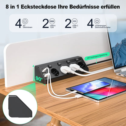 8-in-1 Corner Power Strip with USB-C & Fast Charging - 2m Extension Cord