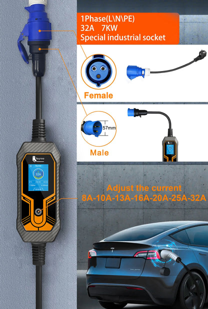 7KW Portable EV Charger Type 2, Adjustable 32A Electric Car Charging Cable