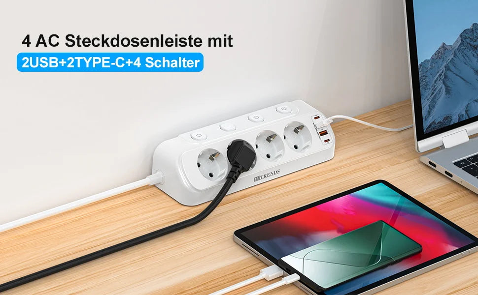 Desktop Power Strip with USB-C Fast Charging & 4 Individual Switches