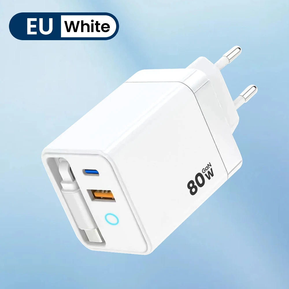 80W Fast USB-C Car Charger with Retractable Cable for iPhone & Laptop