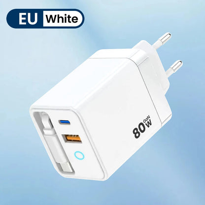 80W Fast USB-C Car Charger with Retractable Cable for iPhone & Laptop