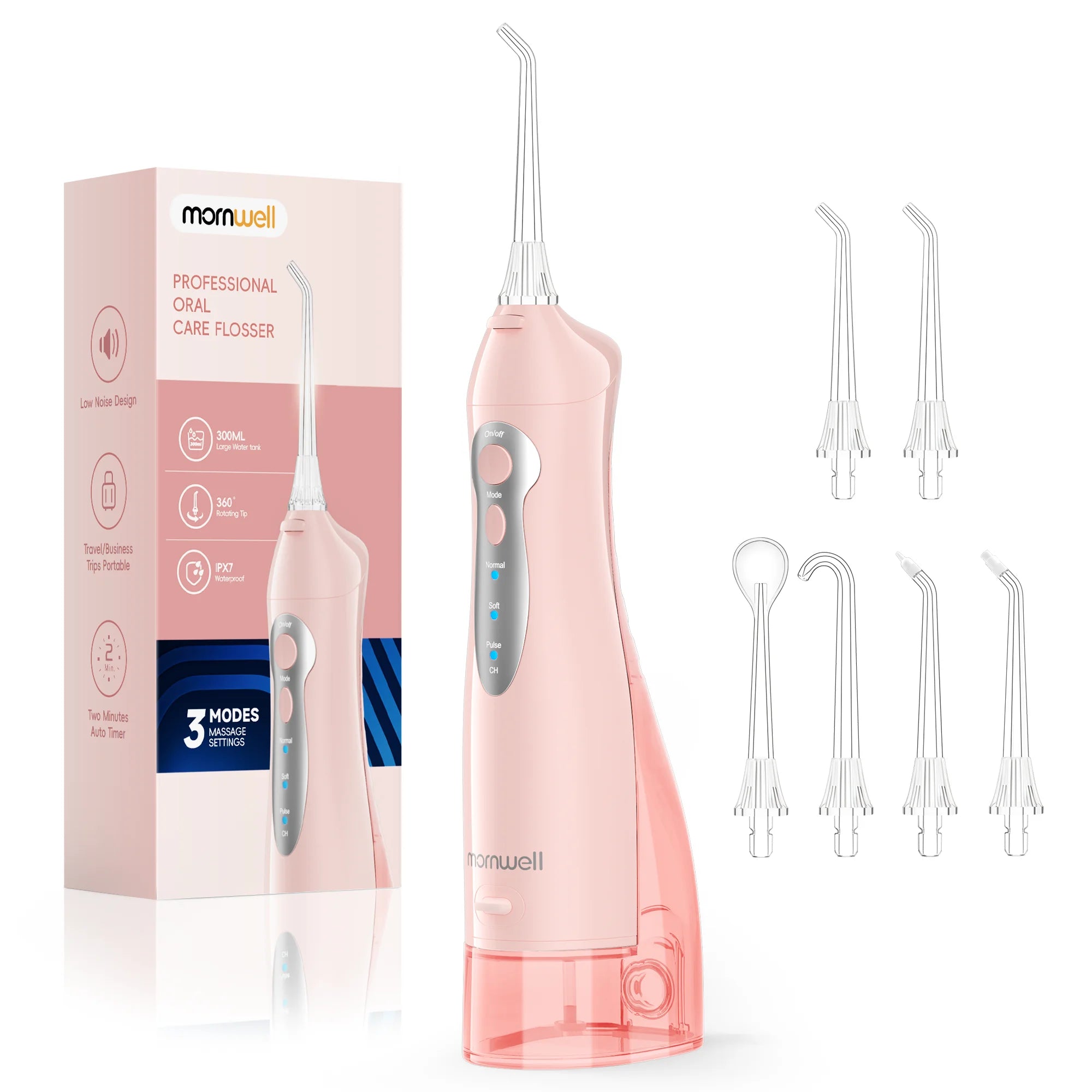 Portable Cordless Water Flosser with 300ml Tank and 6 Replacement Nozzle Tips - 16