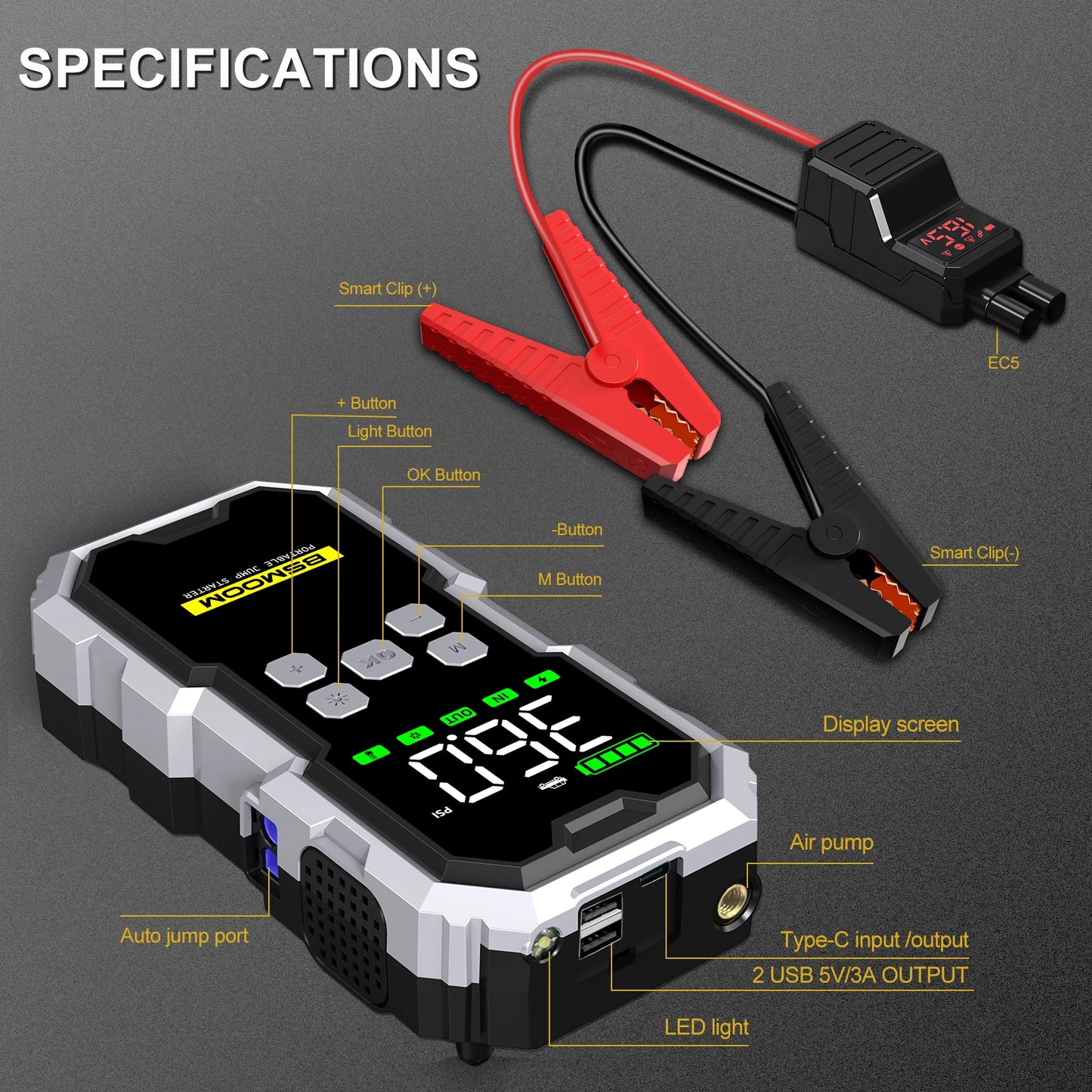 6000A Car Jump Starter with 150PSI Air Compressor & Power Bank