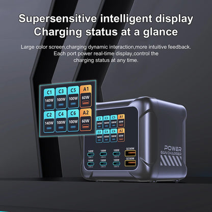 300W GaN 6-Port Desktop Fast Charger Station with Digital Display
