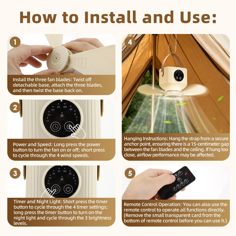 Portable Rechargeable Ceiling Fan with LED Light & Remote Control