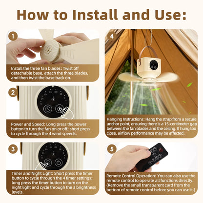 Portable Rechargeable Ceiling Fan with LED Light & Remote Control