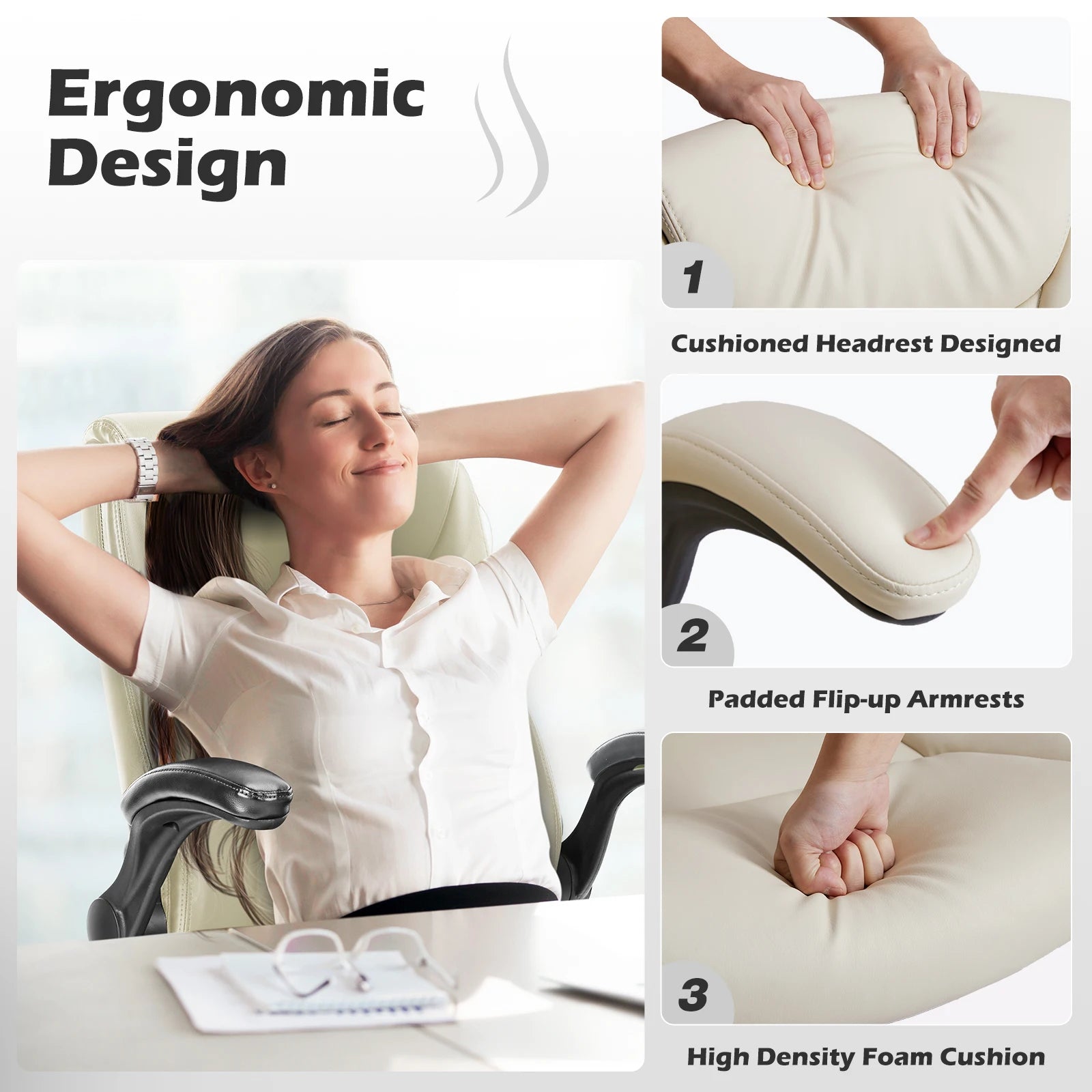 Ergonomic PU Leather Office Desk Chair with Flip-Up Arms & Lumbar Support - 6