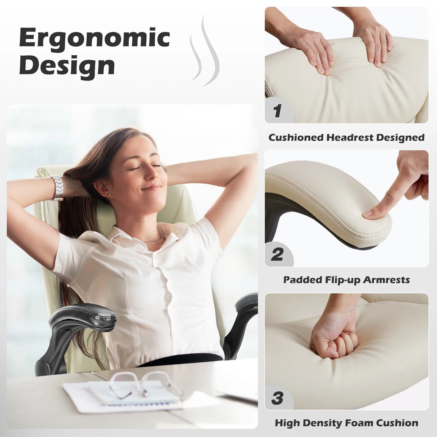 Ergonomic PU Leather Office Desk Chair with Flip-Up Arms & Lumbar Support