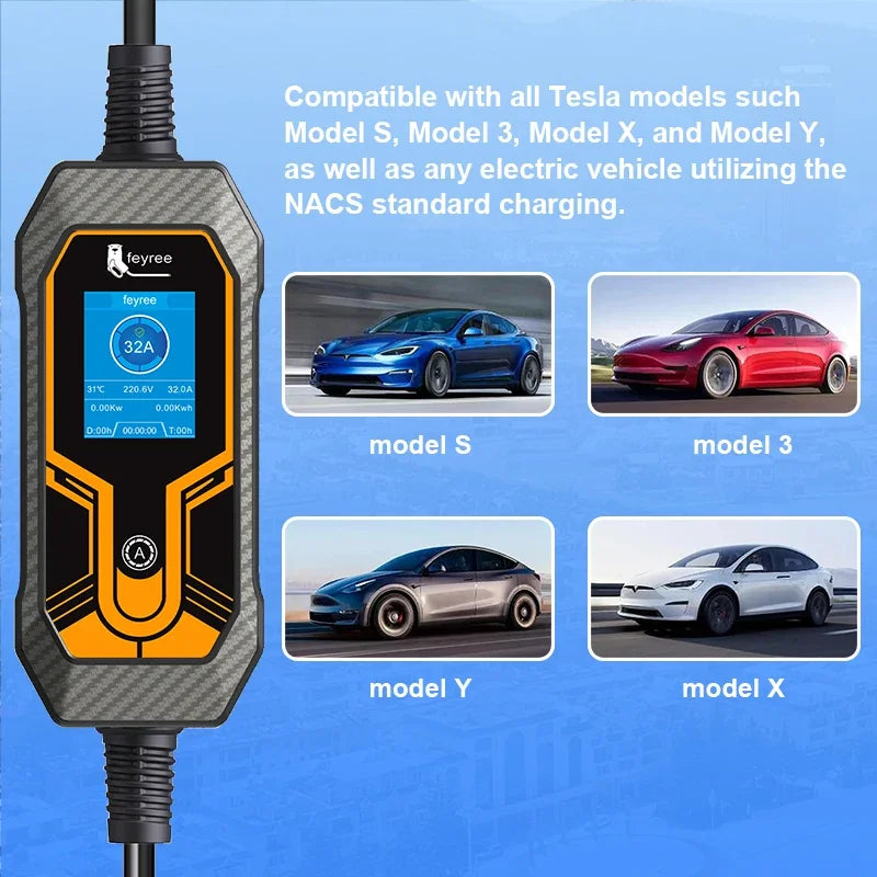 7KW Portable EV Charger for Tesla - Level 2 Adjustable Current Wallbox 5m - 6