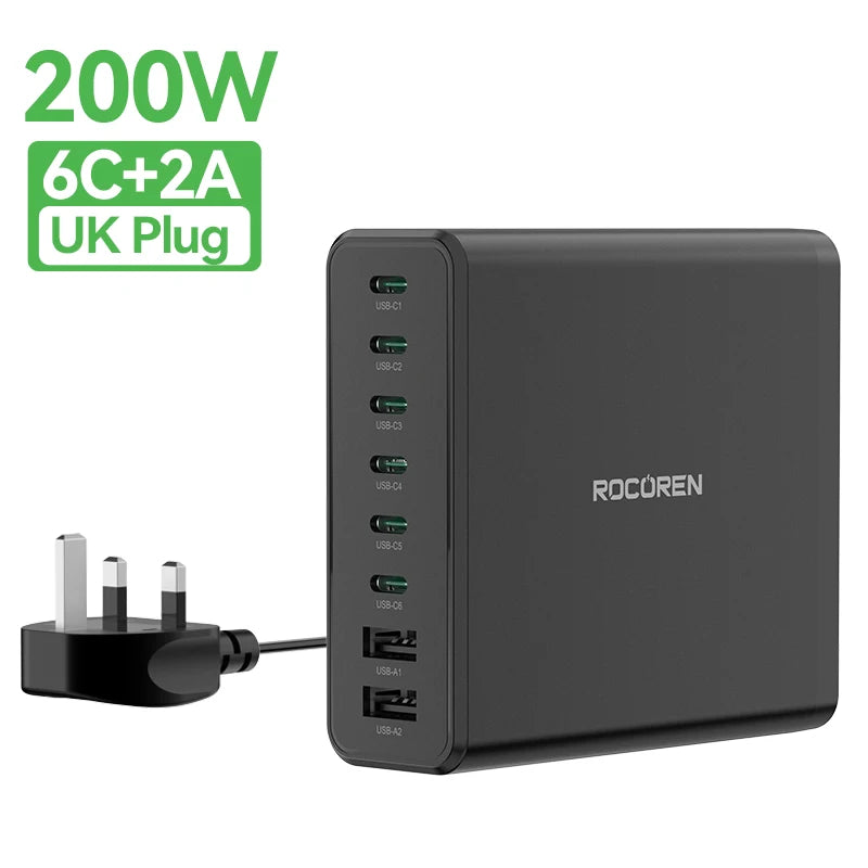 200W 8-Port USB-C Desktop Fast Charging Station for Laptops & Phones - 28