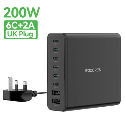 200W 8-Port USB-C Desktop Fast Charging Station for Laptops & Phones
