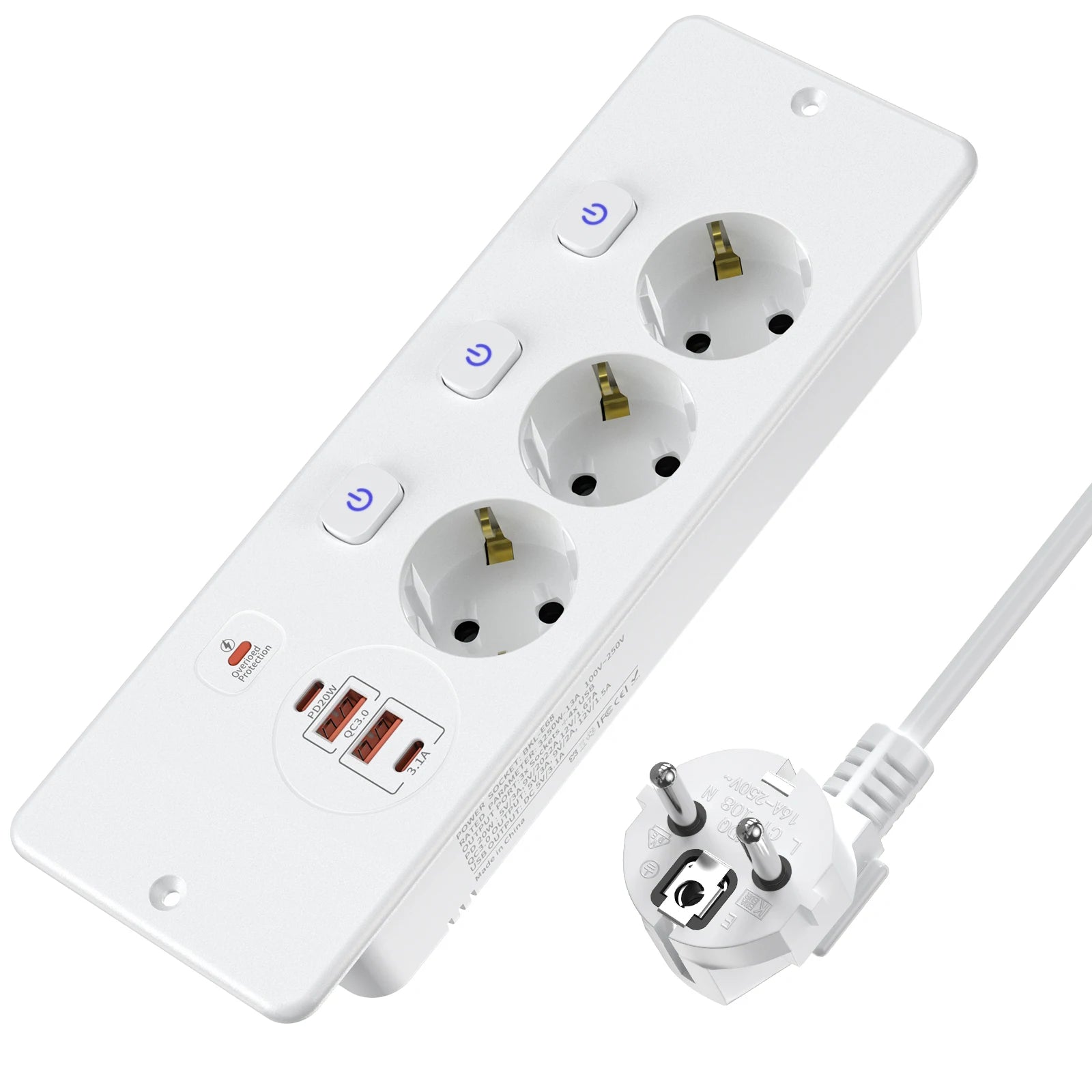 EU Desktop Power Strip with 5 AC Sockets & 4 USB Ports - 3250W Fast Charge - 22