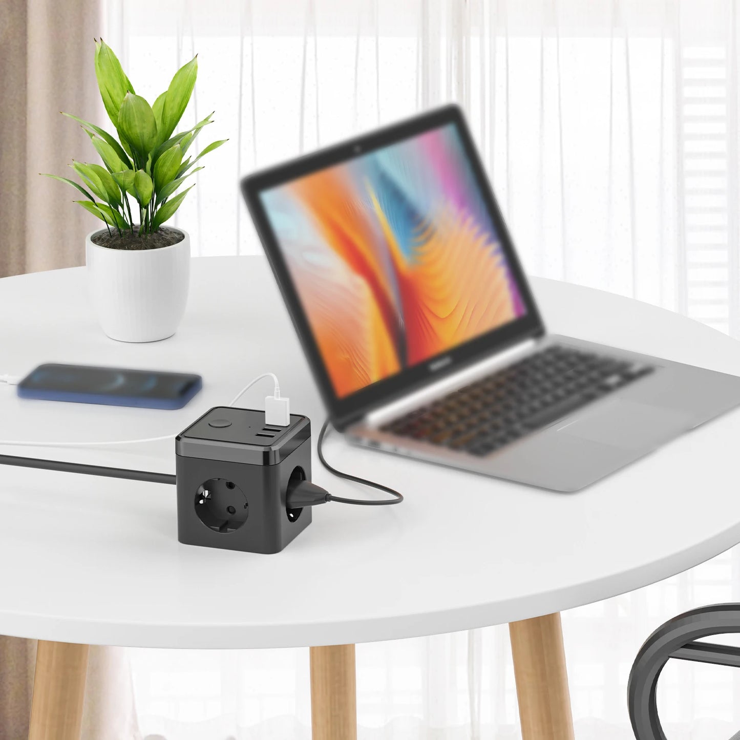 6-in-1 Cube Power Strip with 3 USB Ports & 2m Extension Cord - EU Plug