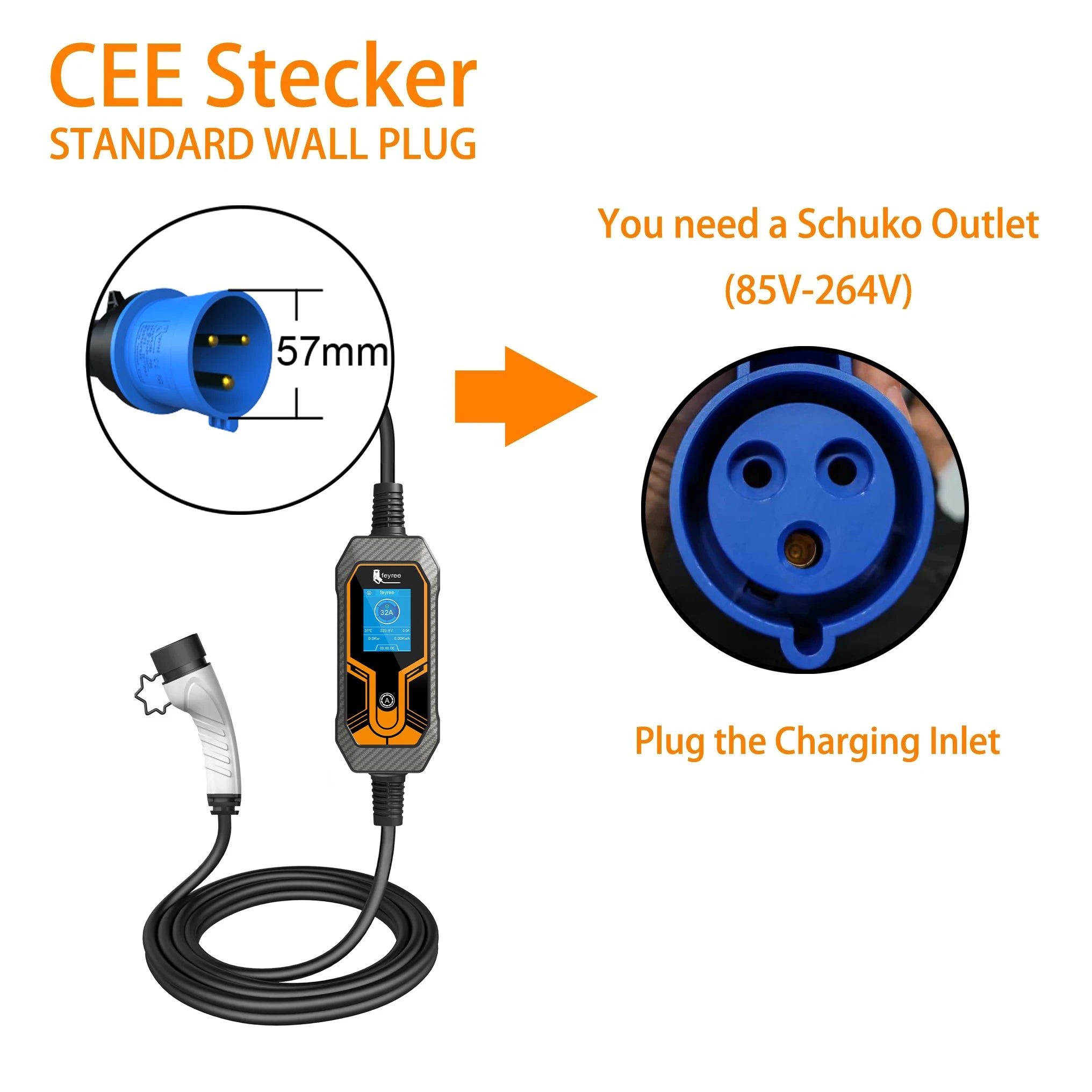 7KW Portable EV Charger Type 2 - Adjustable 32A Electric Vehicle Charging Box - 17