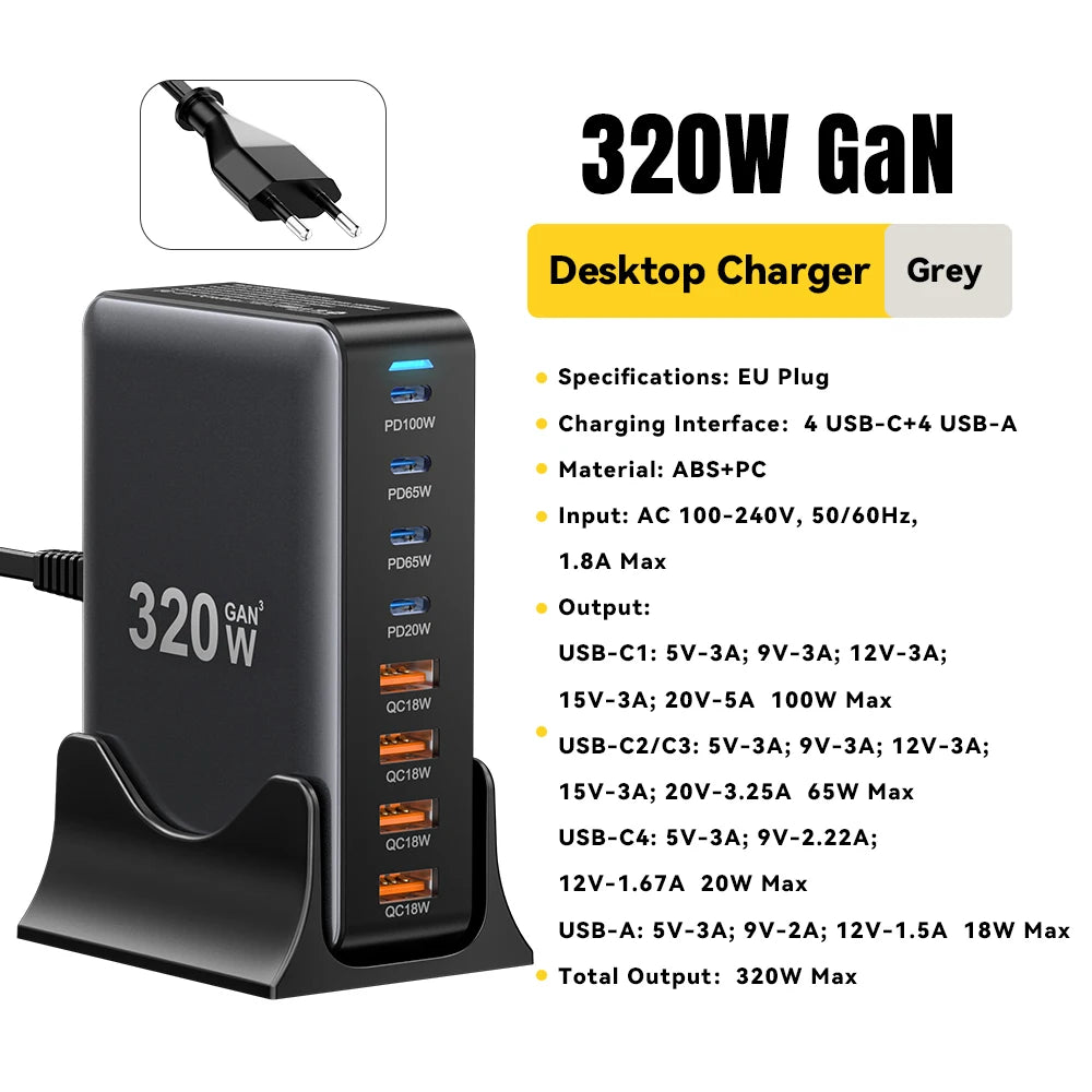 320W 8-Port GaN Desktop Charging Station - 100W PD Fast Charger for All Devices