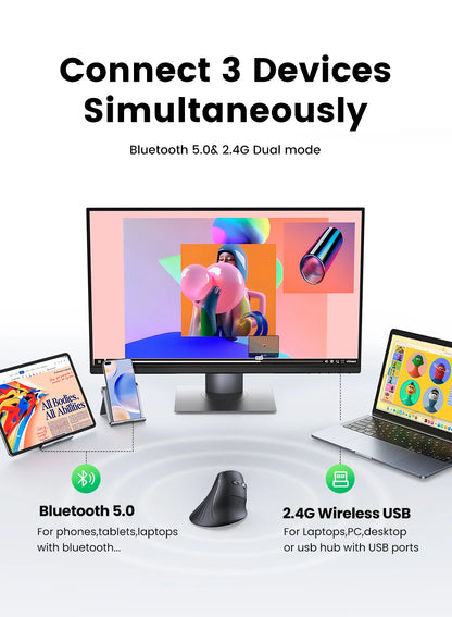 Ergonomic Wireless Vertical Mouse - Bluetooth & 2.4G Rechargeable Mouse