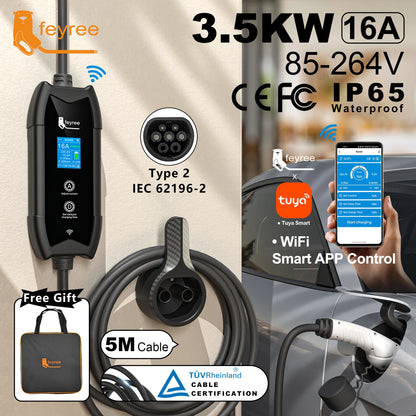 Type 2 Portable EV Charger - 3.5KW Smart WiFi App Control, 5m Cable