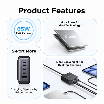 UGREEN 65W GaN Fast Charger 5-in-1 USB-C Desktop Power Adapter