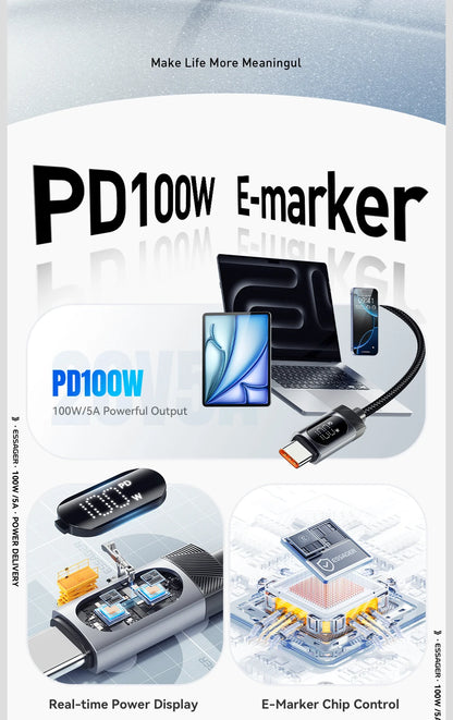 100W PD Fast Charging USB-C Cable with Digital Power Display