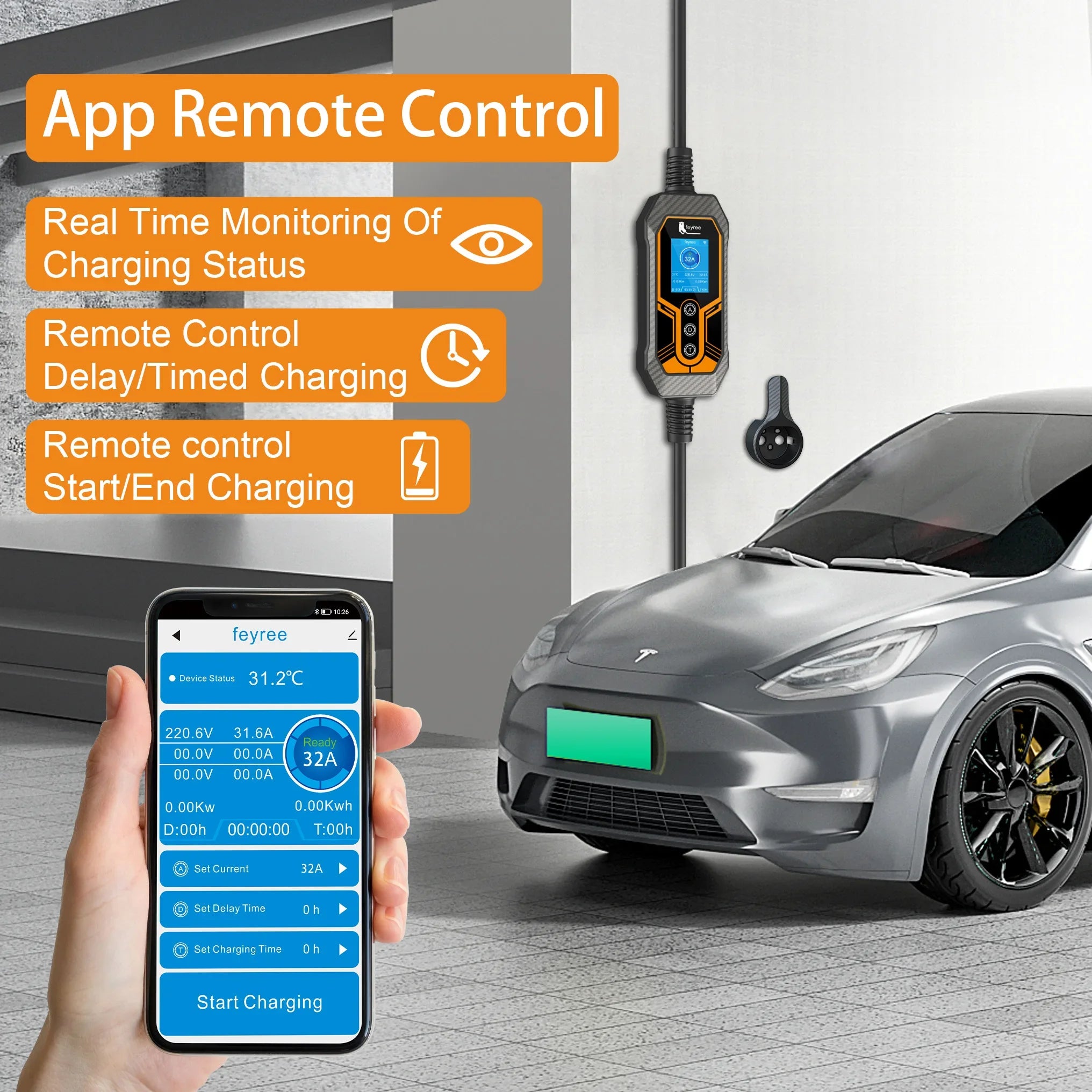 7KW WiFi EV Charger - Smart App Controlled GB/T Portable Charging Cable - 7