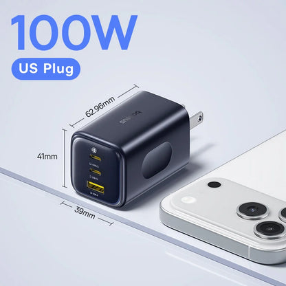 100W GaN Fast Charger - 3-Port USB-C Laptop & Phone Power Adapter