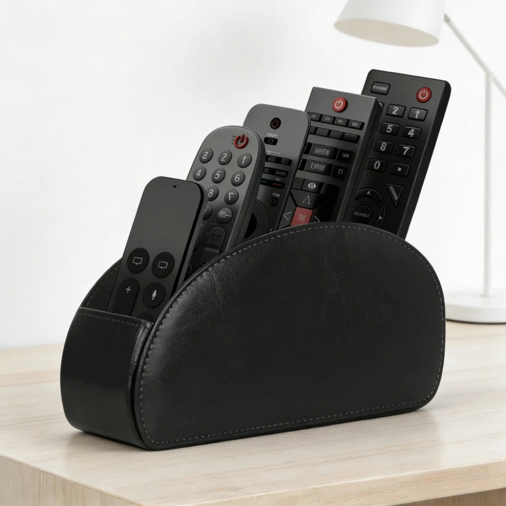 5-Compartment PU Leather Remote Control Organizer Desktop Storage Box