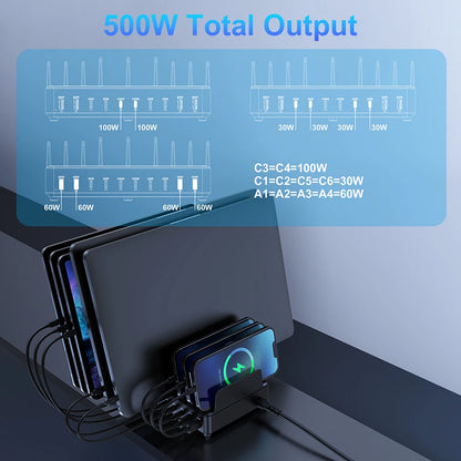 500W 10-Port GaN USB-C Charging Station for Laptops and Smartphones