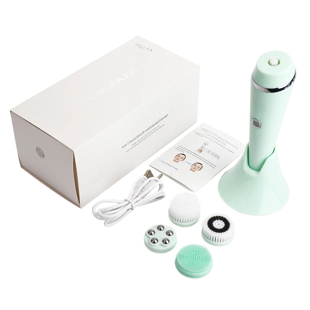 4-in-1 Electric Facial Cleansing Brush - Waterproof Rechargeable Skin Spa Kit