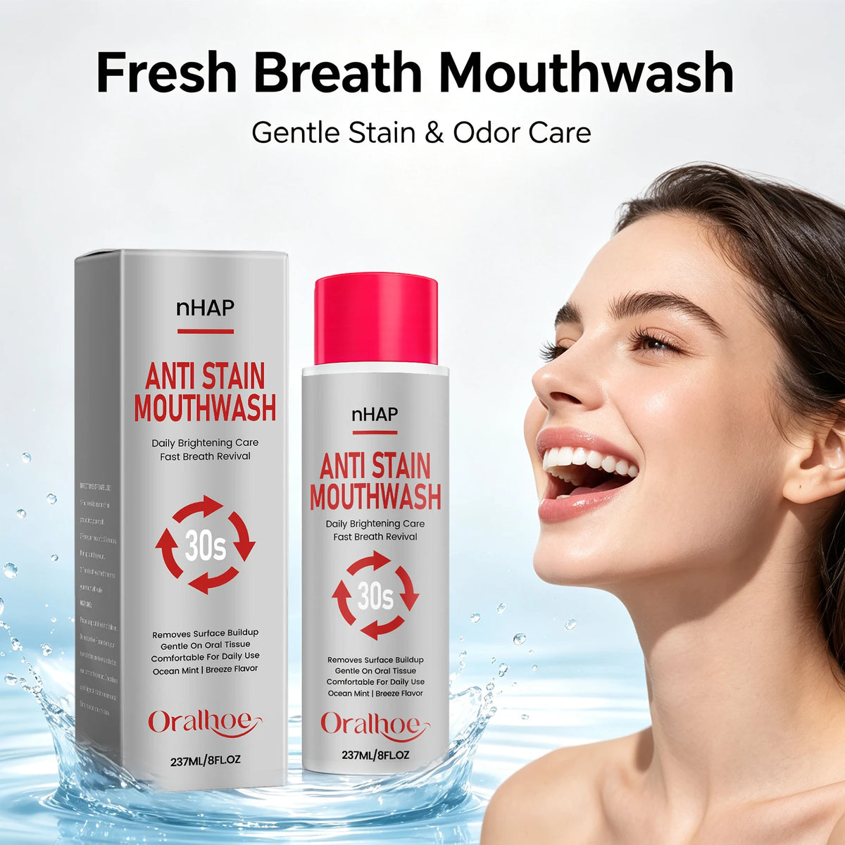 Anti-Stain Teeth Whitening Mouthwash - Alcohol-Free Daily Oral Care & Fresh Breath