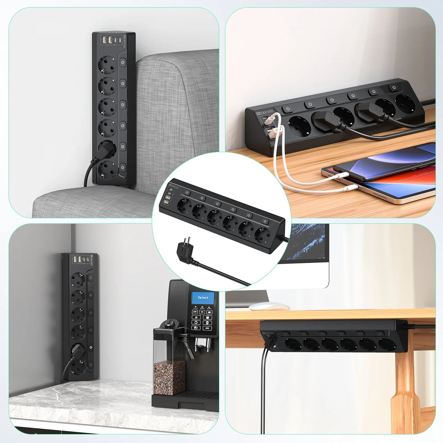 6-Outlet European Power Strip with 4 USB Fast Charging Ports & 2m Cord