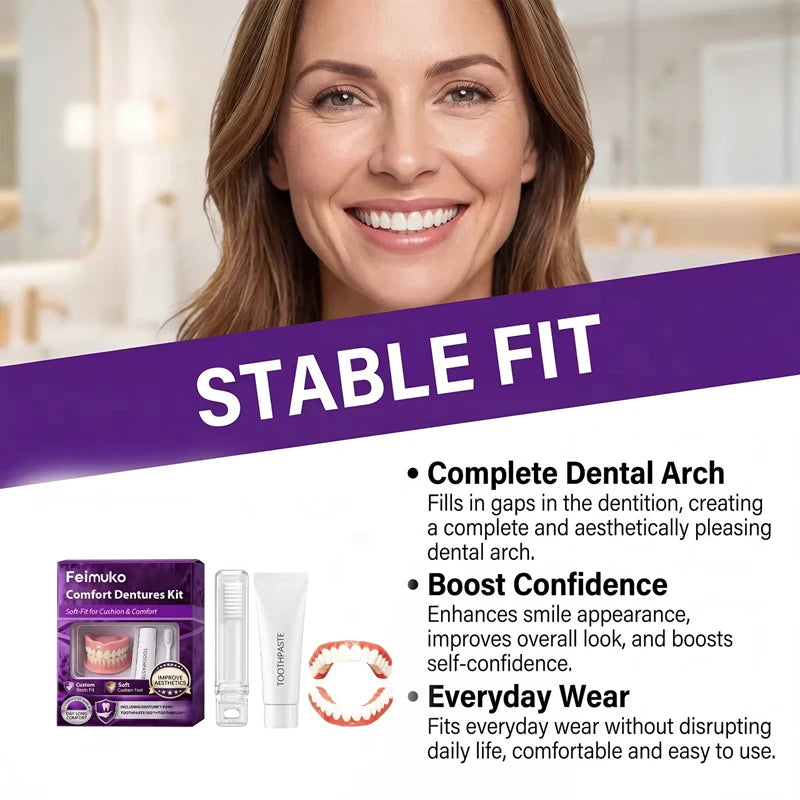 Comfort Silicone Dentures Set - Natural Fit Instant Smile Cosmetic Teeth - 16
