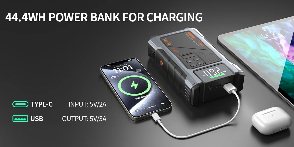 3000A Portable Car Jump Starter with 150PSI Air Compressor & LED Light