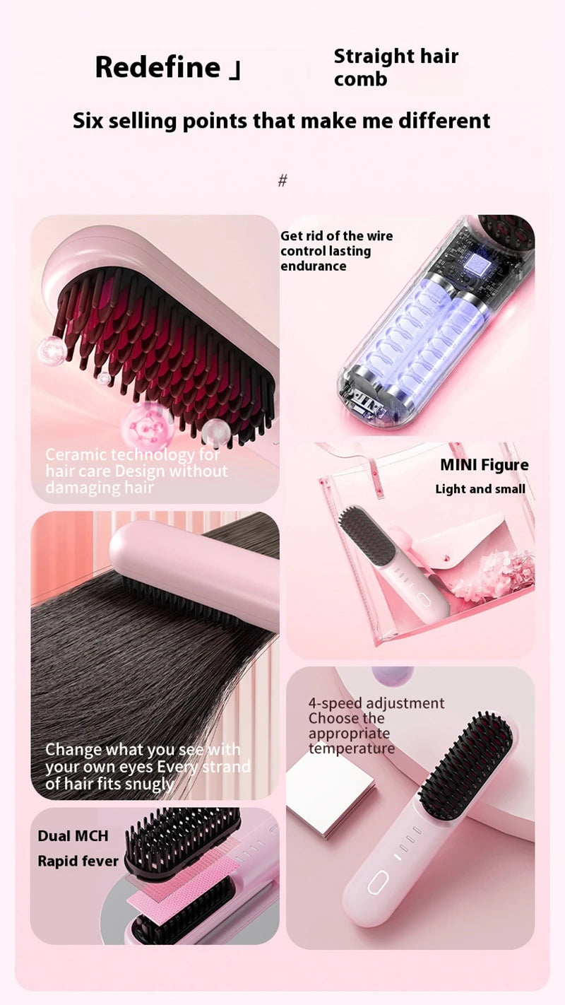 Fast Heating Cordless Hair Straightening Brush - Anti-Frizz Ionic Styling Comb
