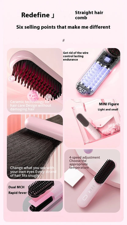 Fast Heating Cordless Hair Straightening Brush - Anti-Frizz Ionic Styling Comb