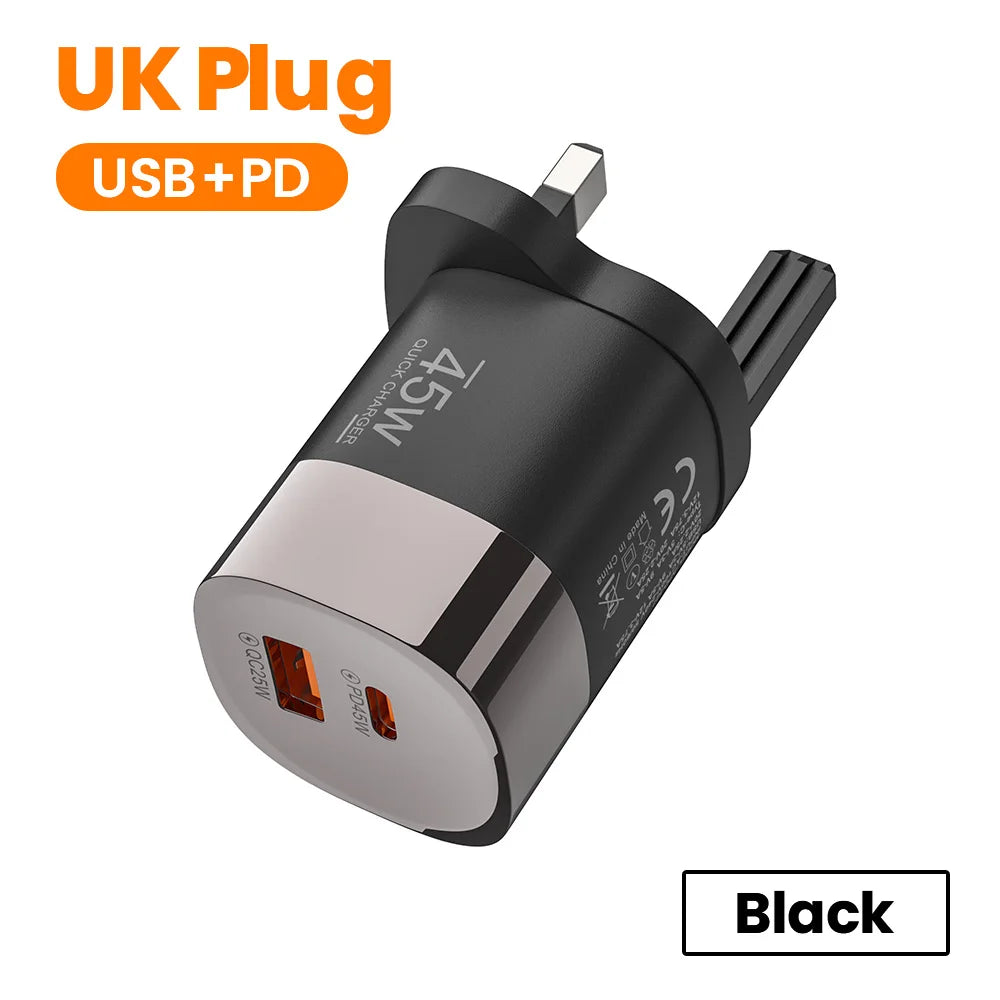 45W Dual Port USB-C & USB-A Fast Wall Charger for iPhone, Samsung, Huawei - 17