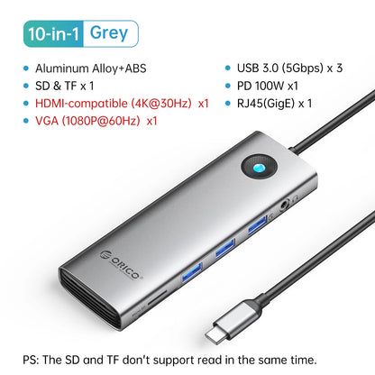 ORICO 10-in-1 USB-C Docking Station 4K HDMI Hub for Laptop & MacBook