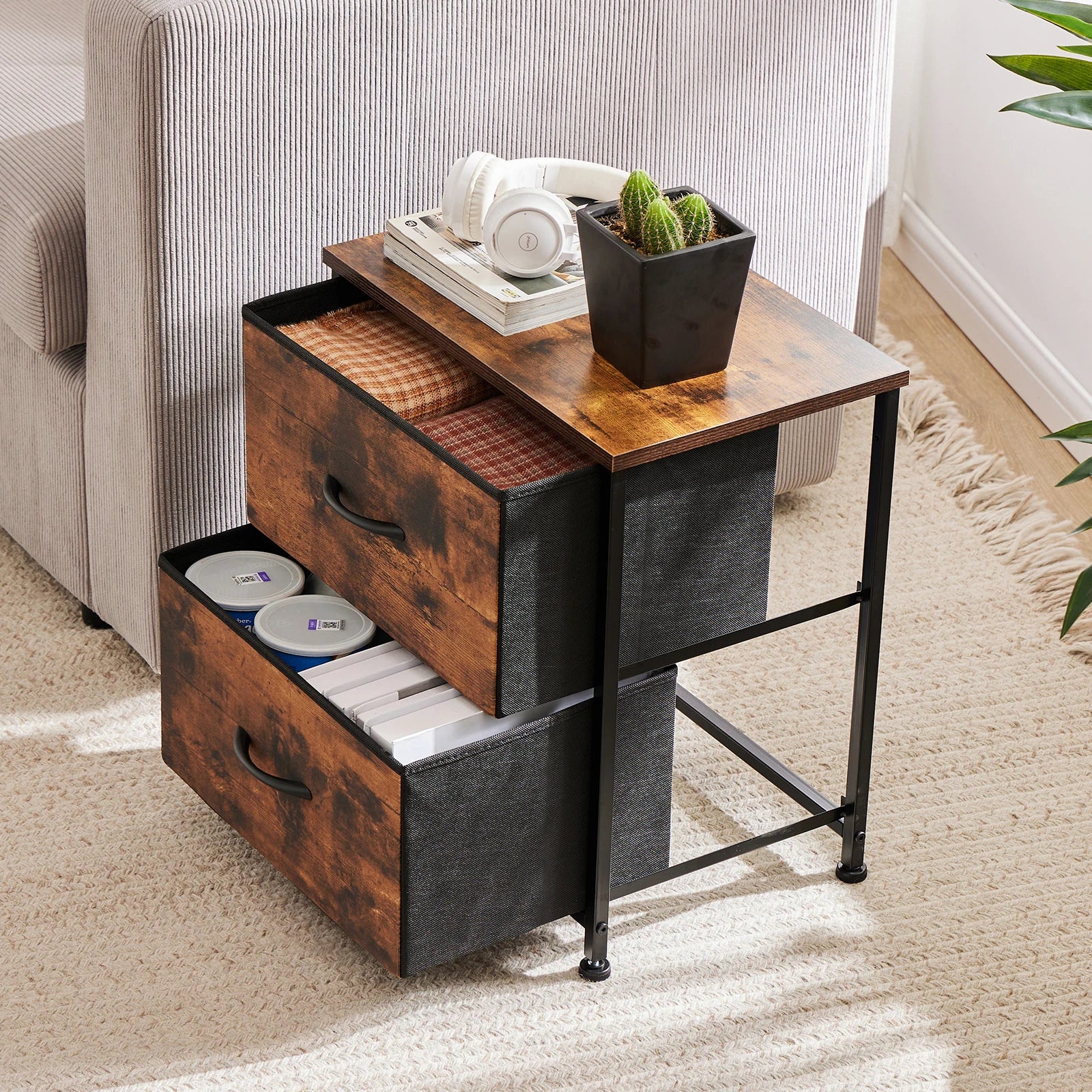 Modern 2-Drawer Nightstand with Fabric Storage Drawers – Bedroom Side Table - 15