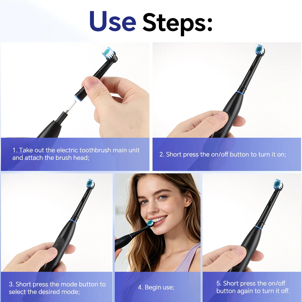 Dual-Button Electric Rotating Toothbrush with 5 Cleaning Modes and Smart Timer