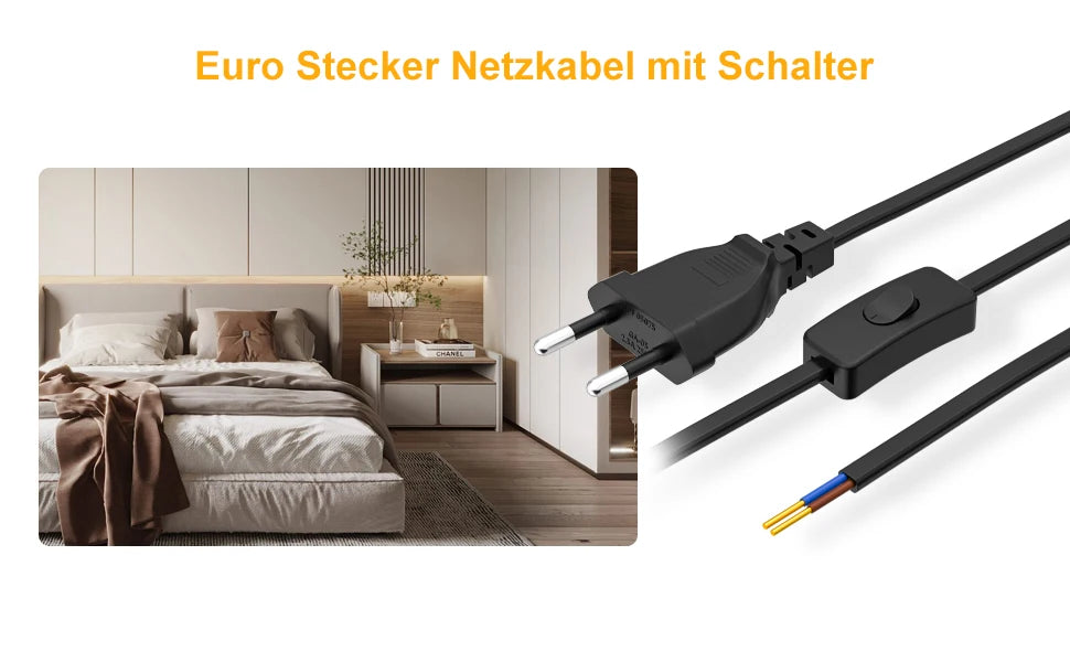 European Standard Power Cord with Switch - 2-Pin DIY Extension Cable