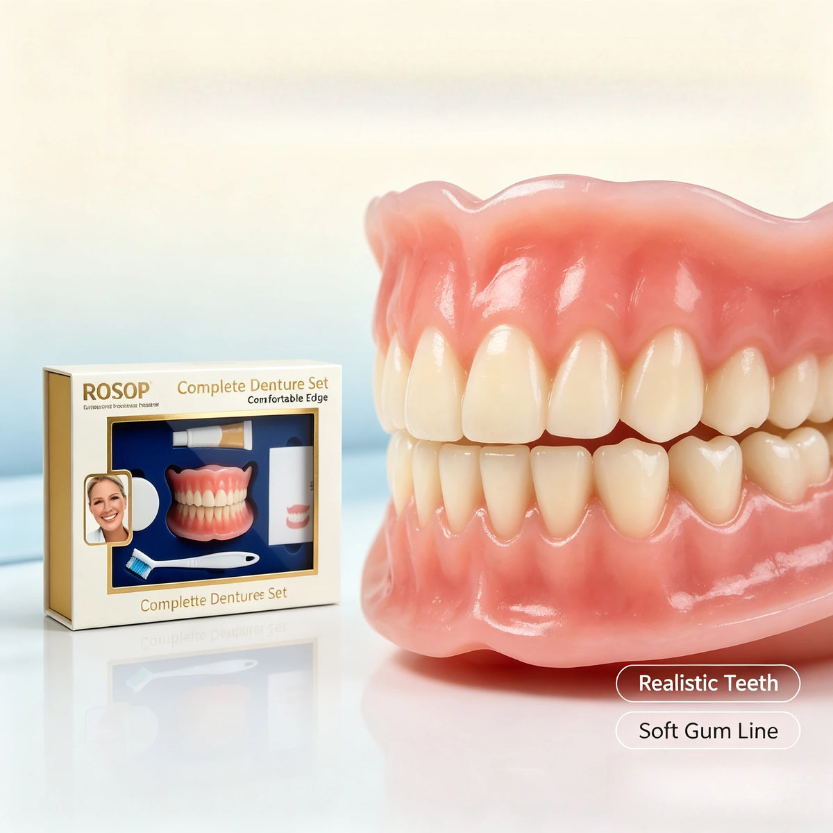 Natural Cosmetic Denture Set - Realistic Upper & Lower False Teeth Smile Makeover