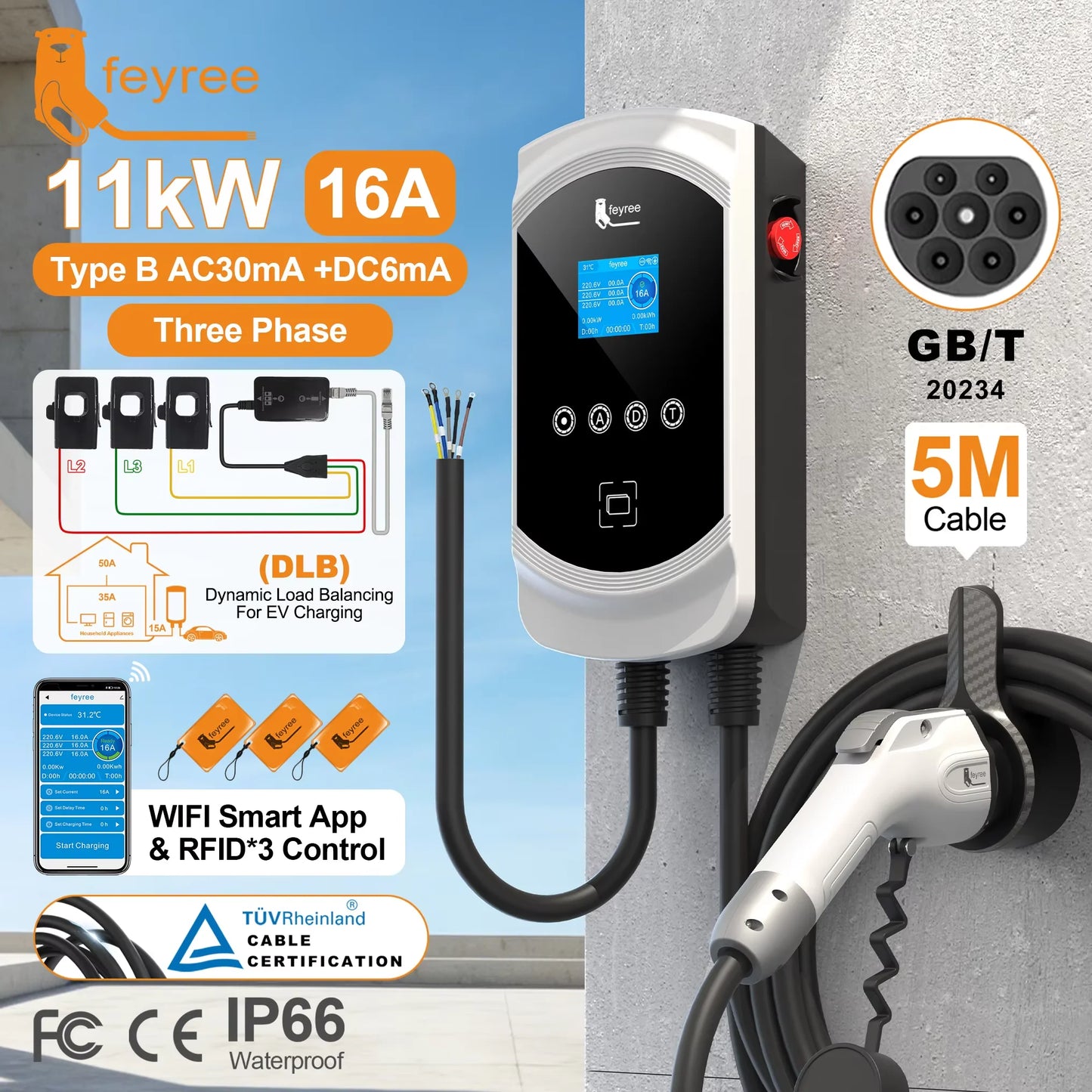 22kW 3-Phase Smart EV Wallbox Charger with WiFi, App Control & DLB