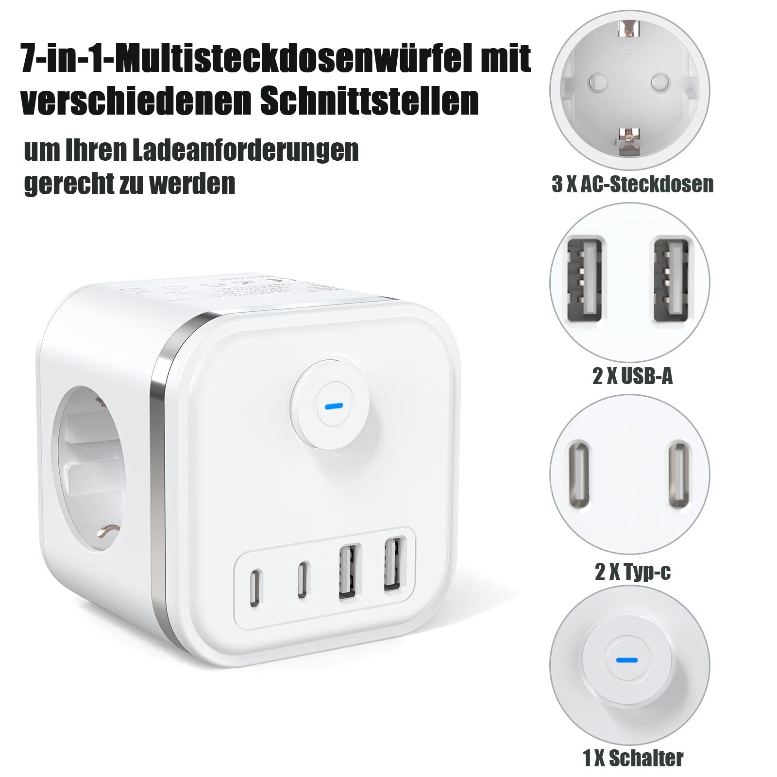 7-in-1 European Power Strip Cube with 4 USB/Type-C Fast Charging Ports - 3