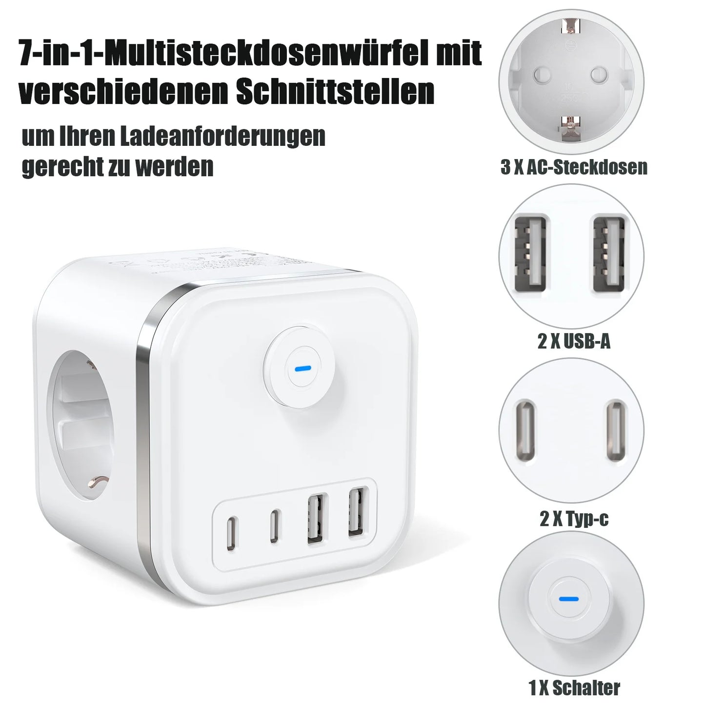 7-in-1 European Power Strip Cube with 4 USB/Type-C Fast Charging Ports