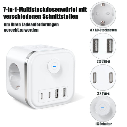 7-in-1 European Power Strip Cube with 4 USB/Type-C Fast Charging Ports
