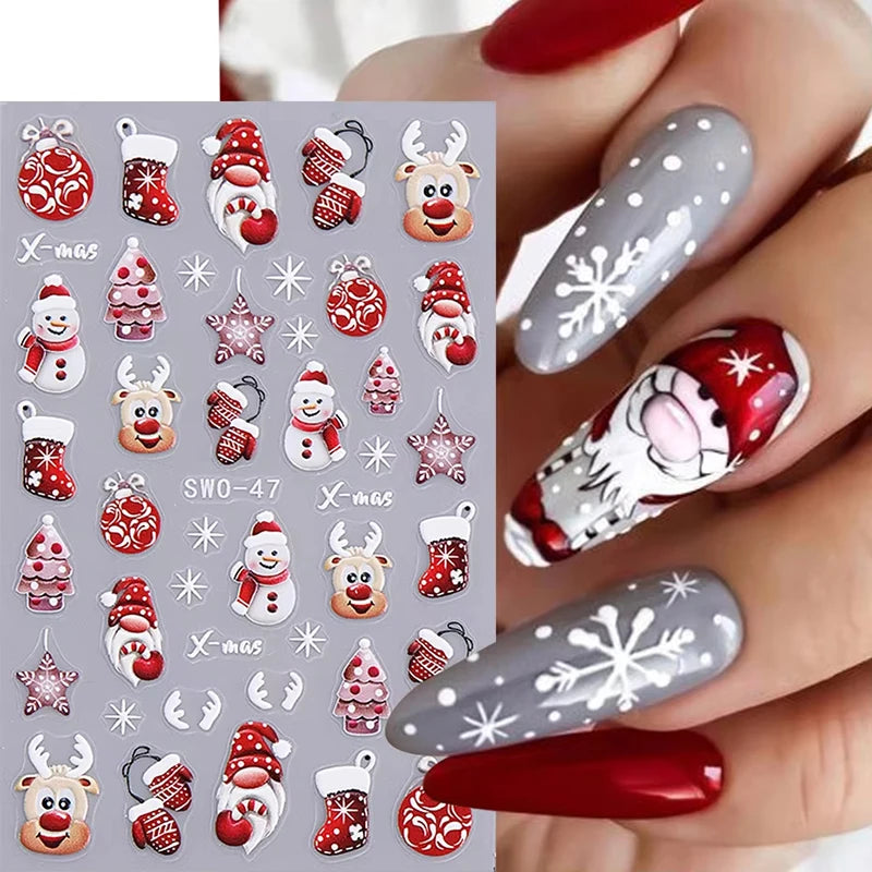 Christmas 3D Embossed Nail Art Stickers - Winter Holiday Manicure Decals