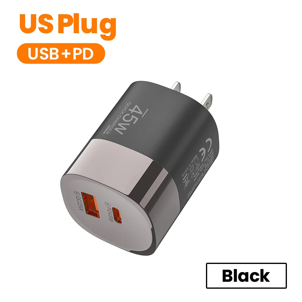 45W Dual Port USB-C & USB-A Fast Wall Charger for iPhone, Samsung, Huawei